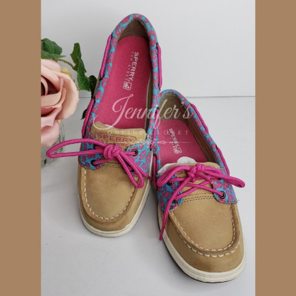 Sperry Top Slider Girls Laguna Leopard Print Boat Shoes Size 4.5M
